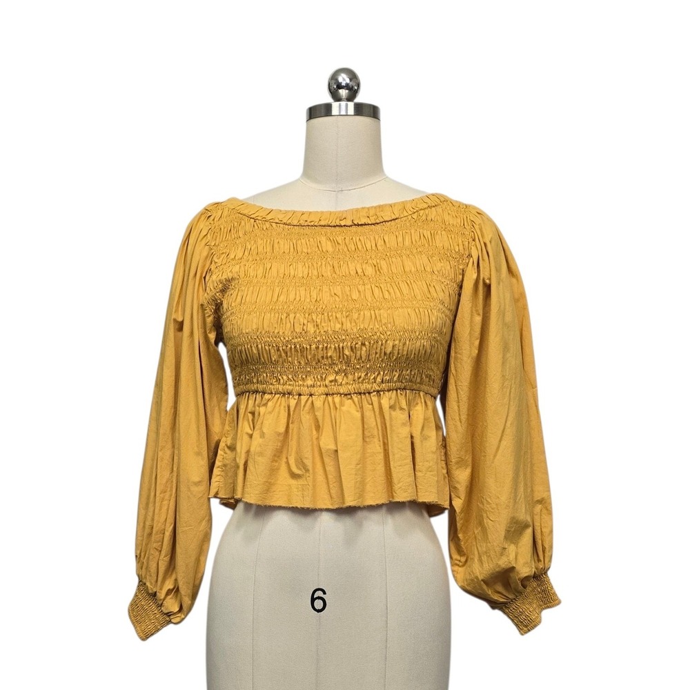 Free People Mustard Yellow‎ Smocked Peplum Balloon Sleeve Top Size XS